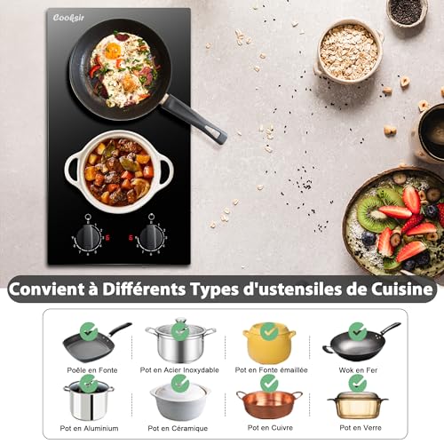 Cooksir Ceramic Hob 2 Burners with Buttons, 2 Burners Electric Hob with Plug, 30 cm Recessed Electric Hob, 3000 W, Control Buttons, 9 Levels, 240 V