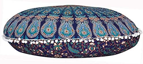 Tapestry Bazar Peacock Wing Mandala Cotton Soft Cozy Round Small Floor Pouf Cushion Pillow Case Cover Ottoman Without Filler (Blue, 22 inches)