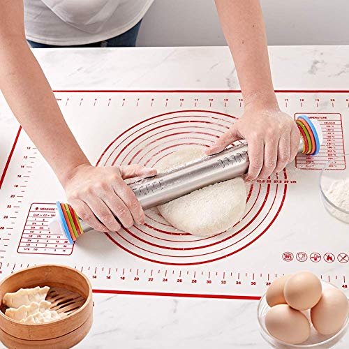 Silicone Baking Pastry Mat, Smooth Non Stick Stainless Steel Roller, Rolling Pins with Adjustable Thickness Rings, for Dough, Baking, Pizza, Pie, Pastries, Pasta and Cookies - Thumbnail 6