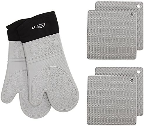ucooly Silicone Oven Mitts with Potholders Trivet(6-Piece Sets),14.7 inch Extra Length Non-Slip Heat Resistant Oven Gloves with Cotton Lining for Cooking, Baking, Grilling, Holding Pot Grey by