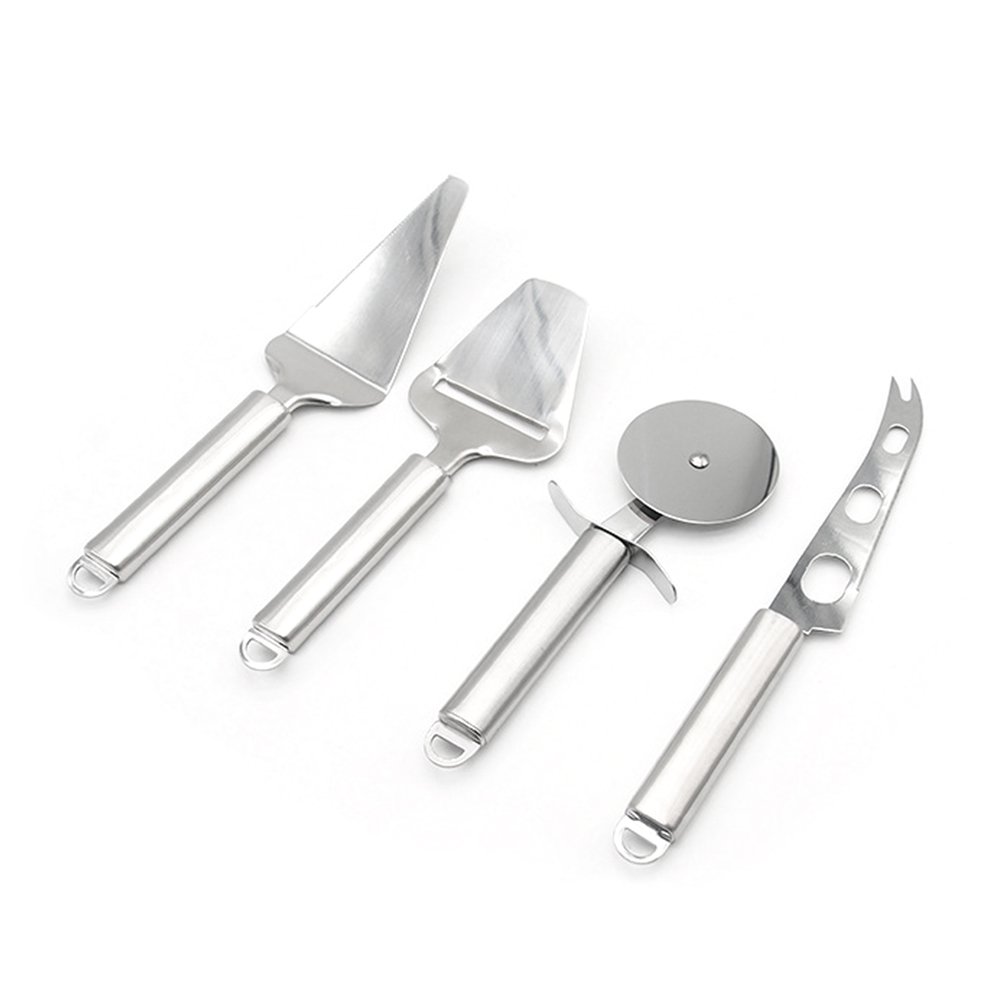 MZCH Stainless Steel Kitchen Utensil Tools and Gadgets Set - Cake cutter, Pizza Cutter Wheel, Cheese Slicer Cutter, Cheese Knife (Set of 4)