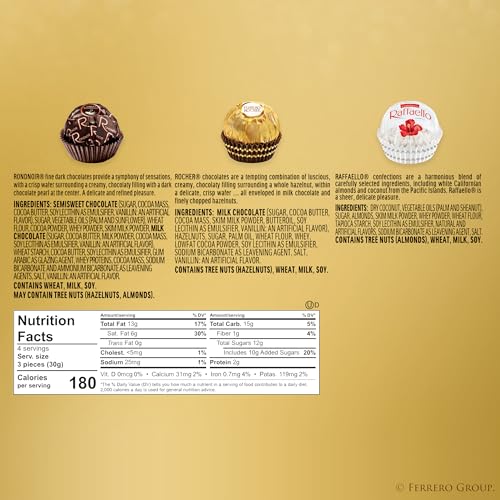 FERRERO COLLECTION PREMIUM CHOCOLATE CANDY ASSORTMENT OF HAZELNUT, DARK CHOCOLATE AND COCONUT, 32 COUNT HOLIDAY GIFT BOX, 12.7 OZ