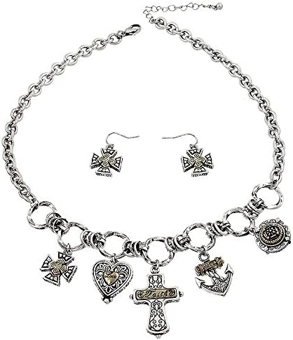 New Silver Gold Filigree Heart Cross Faith Hope Love Charm Fashion Necklace Set
