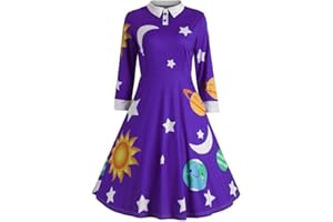 HXHYQKP Halloween Vintage Peter Pan Dress for Girls Party Dresses Sun Moon Star Print Long Sleeve Flare Turn-Down Collar