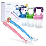 Ado Glo Baby Food Feeder - 3-Pack Fresh Fruit Feeder, Infant Teething Toy Silicone Nibbler with 2 Pack Baby Feeding Spoons (Assorted)