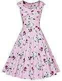 MUXXN Women's 1950s Retro Vintage Cap Sleeve Party Swing Dress(M,Floral Pink)