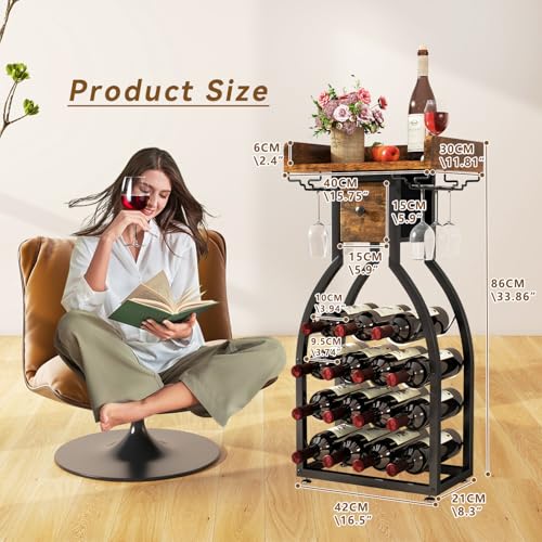 IBUYKE 15 Bottle Freestanding Wine Rack with Glass Holder and Storage Drawer, Mini Shelving Unit for Kitchen, Bar and Dining Room, Rustic Brown TMJ908H