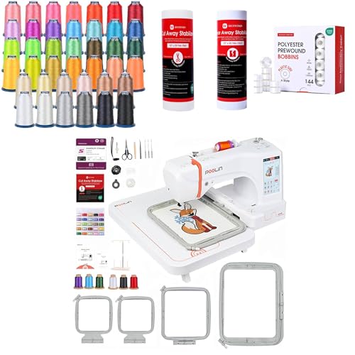 Poolin EOC06+40 Colors Embroidery Threads+12 in x 25Yards Tear Away +Cut Away Stabilizer+144pcs Prewound Bobbins for Small Business Home Beginner