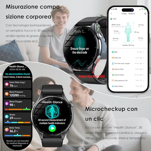 2026 New Men's Smartwatch with ECG/Blood Pressure/Sleep/Emotions/Fatigue/BMI/Temperature/Heart Rate Monitor, 1.56 Inch AMOLED Healthy Fitness Watch with LED Flashlight/Phone Function/SOS Button