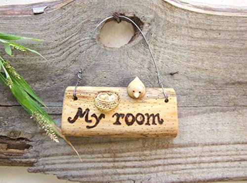 My room door hanging, wood label, Wall hanging, bird with nest, miniature art, wood carving