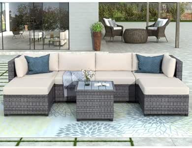 O'lemon Juego de muebles de patio para exteriores, 7 piezas de mimbre