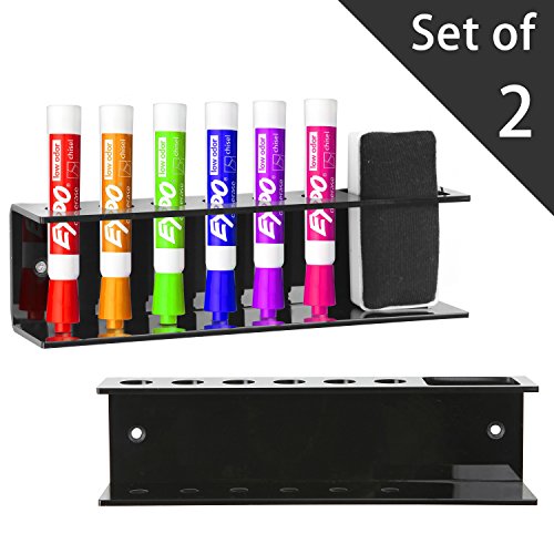 Set of 2 Black Acrylic 6 Slot Dry Erase Marker and Eraser Holder Wall Mountable Organizer Rack