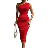 LAGSHIAN Women's Sexy Bodycon One Shoulder Sleeveless Ruched Midi Club Party Dress