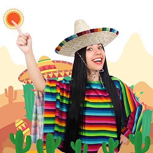 JaGely 4 Pcs Cinco De Mayo Mexican Fiesta Serape Poncho Fabric and Straw Sombrero Headbands Mexican Costume (Wide Brim)