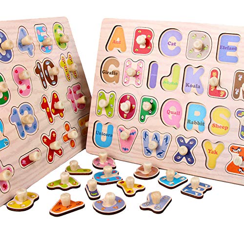 Kids Wooden Peg Puzzles Play Set - Alphabet ABC Numbers 123 Puzzles Board - Pegged Puzzles for Toddler Children Learning Educational Puzzles Toys Gift for 1 2 3 Year Olds Toddlers Boys and Girls - Thumbnail 3