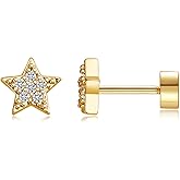 Flat Back Earrings for Women Trendy 14K Gold Plated CZ Studs Dainty Small Flatback Stud Earrings, Hypoallergenic Cartilage Tragus Piercing Screw Back Earrings Gold Jewelry Christmas Gift for Her
