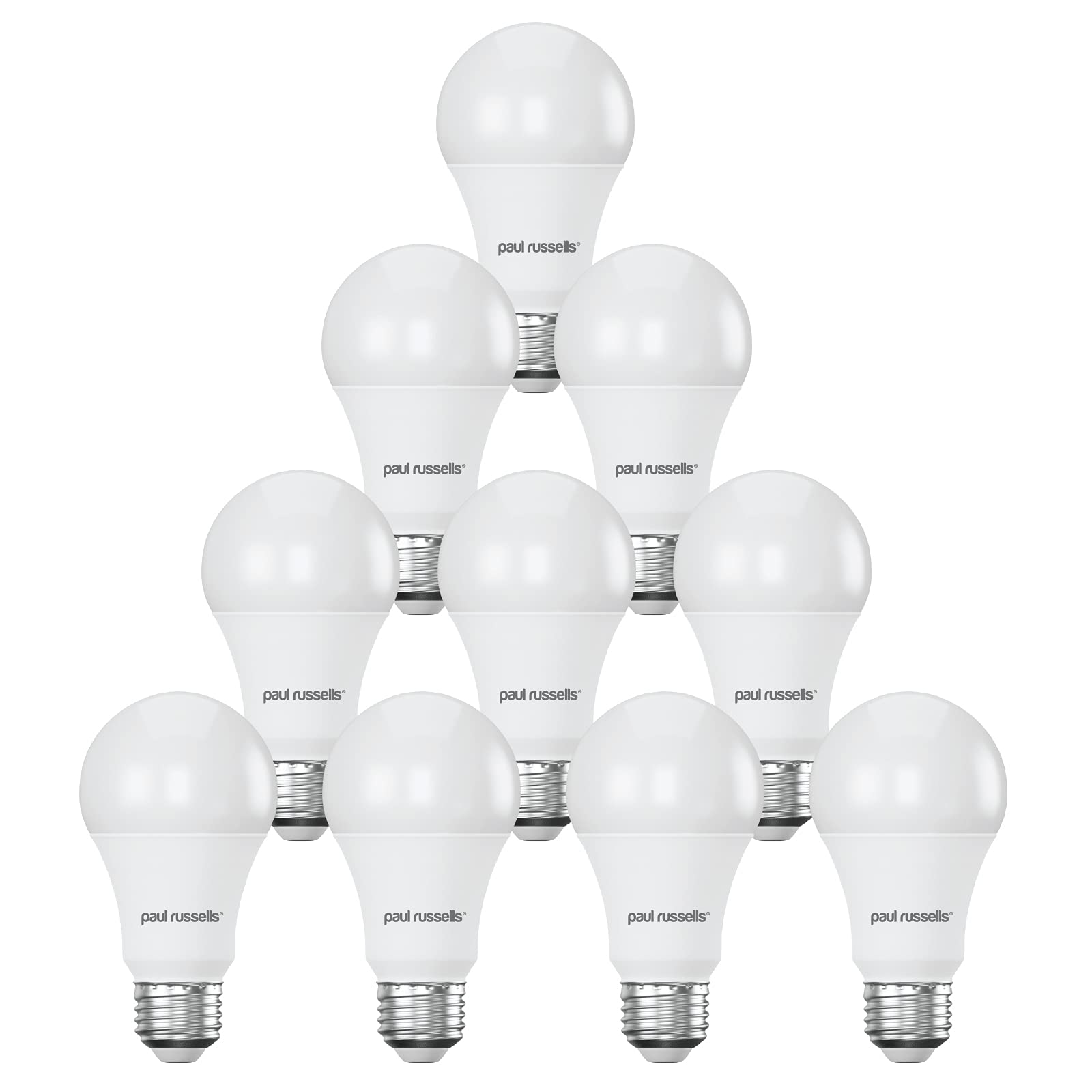 paul russells E27 Edison Screw LED Light, 13W = 100W Equivalent Bulbs, 1521 Lumens, 4000K Standard ES A60 LED GLS, Natural Large Energy Saving Non-Dimmable Lightbulbs, Cool White Frosted, Pack of 10