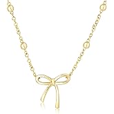 LUXU kisskids Gold Necklace for Women Bow Pendant Bead Station Chain 18K Gold Plated Stainless Steel Charm Necklace Adjustable Hypoallergenic Non Tarnish Trendy Gift Layering Jewelry Gifts for Women