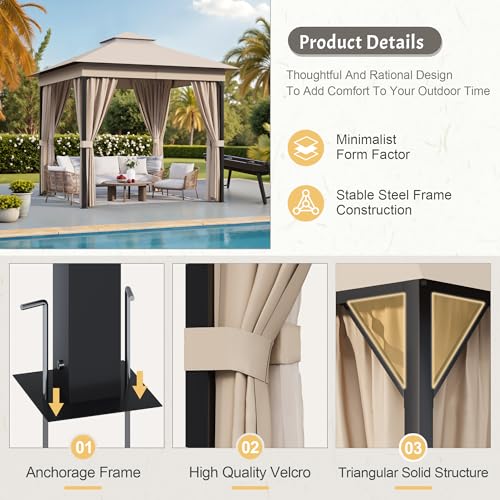 Devoko 8x8 Outdoor Gazebo with Mosquito Netting, Double Roof & Steel Frame image 9