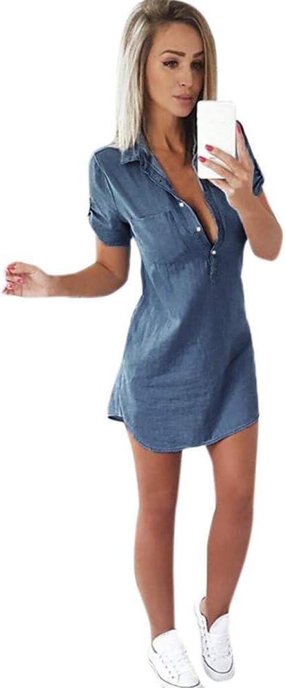 Women's Dresses Ladies Casual Summer Demin Dress Button Down Cuffed Sleeve Beach Party Midi Dress for Women Loose Tunic Sundress Evening Party Jumper Teen Girls
