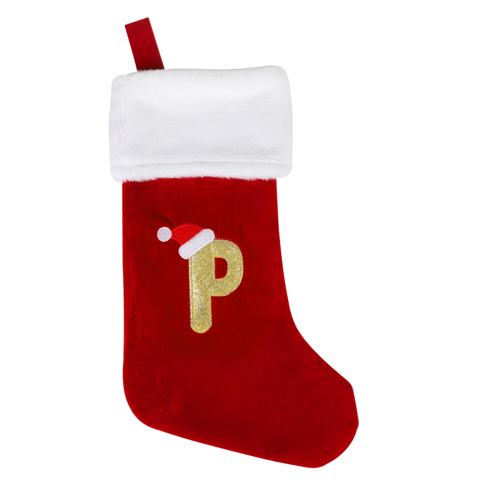 SULOLI 20 Inches Monogram Christmas Stockings with Letters,Super Soft Plush Christmas Stockings Large Embroidered Stockings Red Letter Stockings for Christmas Holiday Xmas Gift(P)