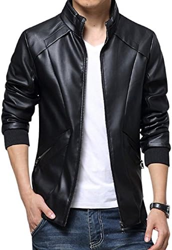 KIWEN Men's Stand Up Collar Faux Leather Jacket Slim Fit