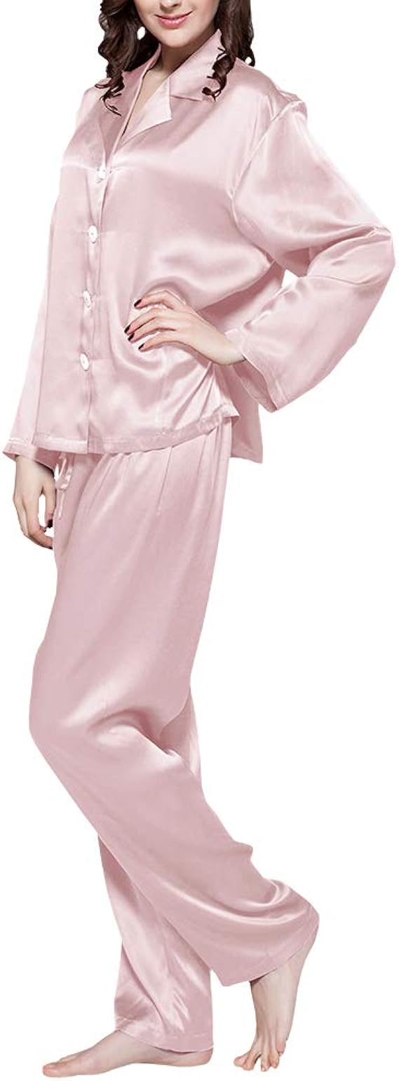 Amazon Mommesilk シルクパジャマ レディース 高級シルク100 長袖パジャマ 前開き 最高の手触り 心地よい 温度調節 静電気防止 敏感肌 乾燥肌 吸湿 高品質22匁 バラピンク L パジャマ ルームウェアセット 通販