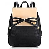 Coofit® Black Pu Leather Student Backpack Flap Bags Daypack with Bowknot