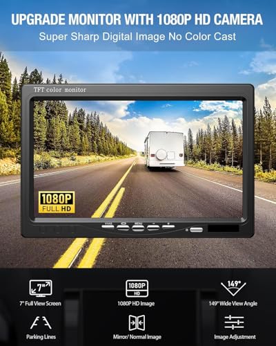 BEYI 1080P HD Backup Camera Kit - 7 Inch LCD Screen and Wired Signal Camera Stable Real Time Waterproof Night Vision for Truck, Camper, Trailer & Utility (12V-24V) with 15m Cable