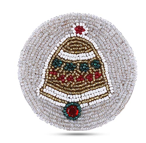 Christmas Bell Beaded Coaster 4 Inch - Tea Coaster, Coffee Coaster, Dinning Table Accessories, Decorative Home Decor, Wedding Decoration, Dining & Serving Party Decor Gift Art- Set of 6 - Silver Red