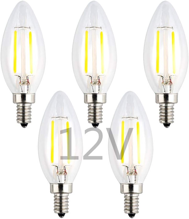 DC 12V 24V Input LED Candelabra Bulb, 2W 200Lm, 6000K Cold White Light, Dimmable with 12V DC Dimmer, Torpedo Tip, 25W Incandescent Equivalent, for 12Volt - 24Volt Low Voltage DC Power, 5 Pack