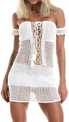 BeadChica Women Crochet Beach Cover up Off Shoulder Lace Up Mesh Knit Swimsuit Dress (White, One Size(Fit S-M)