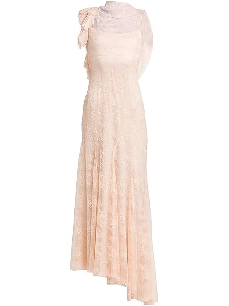 Alberta Ferretti Lace Asymmetric Cowlneck Maxi Dress in blush lace