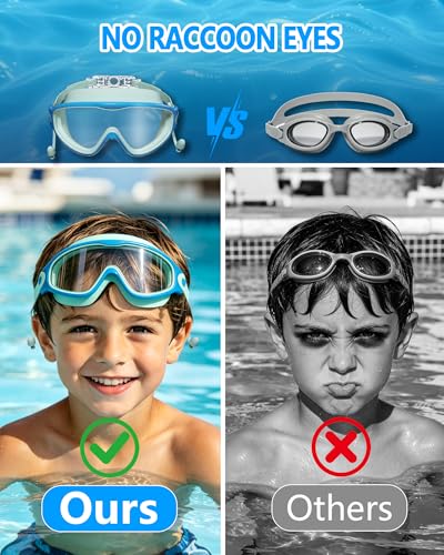 YLKJSWIM Swim Goggles for Kids 3-15 with Earplugs Large Frame Anti-Fog/UV Swimming Goggles for Boys Girls Toddler 2PCS