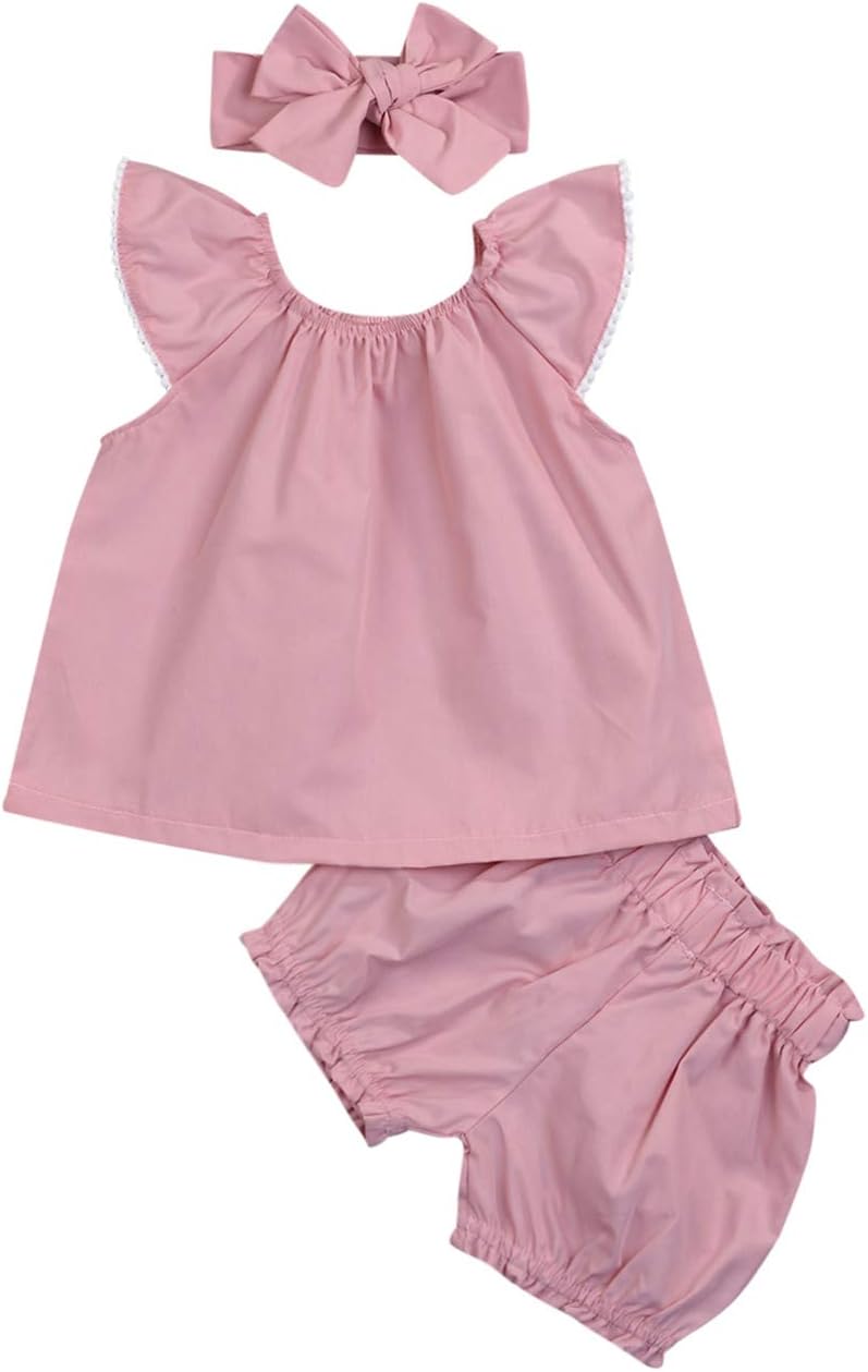 Baby Girls Clothes Set Ruffle Sleeve Floral Top T-Shirt with Wave Point Bloomer Shorts Headband 3pcs Outfits