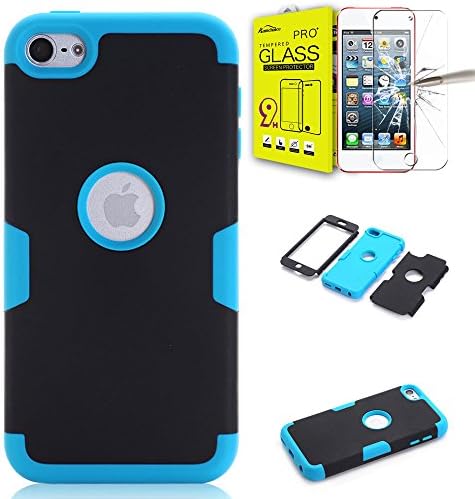 AMCHOICE 3 Layer Hybrid Silicone and Polycarboante Combo Case with Stylus, Screen Protector and Cleaning Cloth for Apple iPod Touch 6 - Black/Blue-A