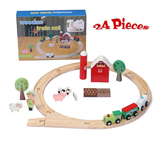 Wondertoys Wooden Train Set with Animal Accessories & Magnetic Carriages for Kids 24 Pieces