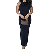 ENOPINK Sexy Halter Backless Maxi Cocktail Dress for Women Elegant Cowl Neck Slit Formal Wedding Guest Dresses Eveing Gowns