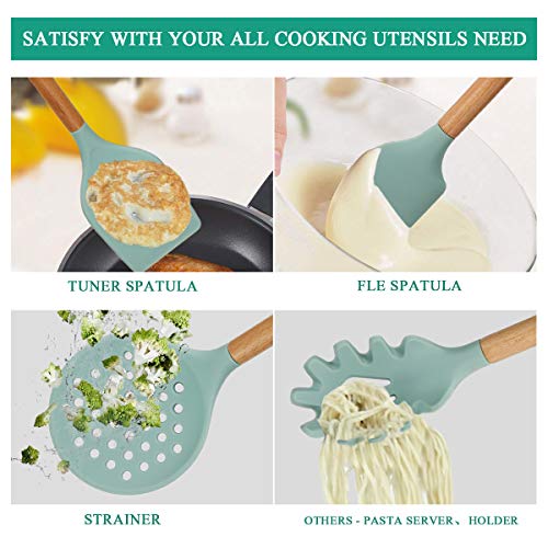 Kitchen Utensil Set 8 Piece Silicone Cooking Utensils Set, Wood Kitchen Utensils for Nonstick Cookware, BPA Free & Non Toxic Turner Tongs Spatula Spoon Set, Kitchen Tools Gadgets with Utensil Holder