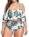 Wavely Plus Size Two Piece Swimsuits for Women Off Shoulder Ruched High Waisted Bikini Swimwear White Leaves XL