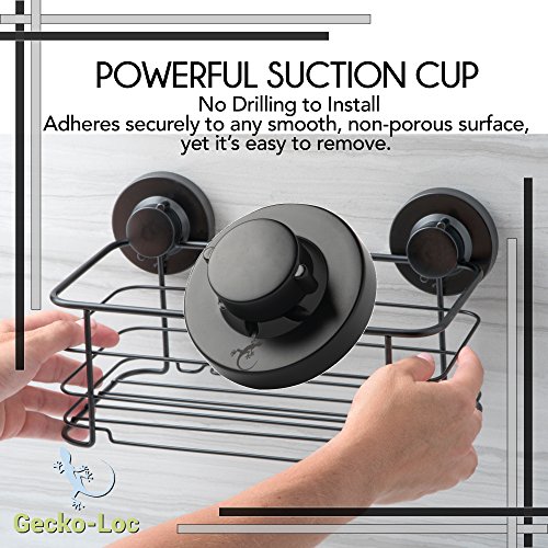 Gecko-Loc Deep Shower Shelf Caddy Storage Basket Shampoo Conditioner Holder w Vacuum Suction Cups No Hooks No Drilling - Sponge Shampoo Conditioner Holder- Black SS - Adhesive DISKS Now Include