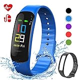 Lintelek Fitness Tracker - Sport Pedometer Color Screen Watch with Heart Rate Blood Pressure Oxygen Monitor, Step and Calorie Counter IP67 Smart Bracelet with Black Strap for Kids Women & Men (Blue)