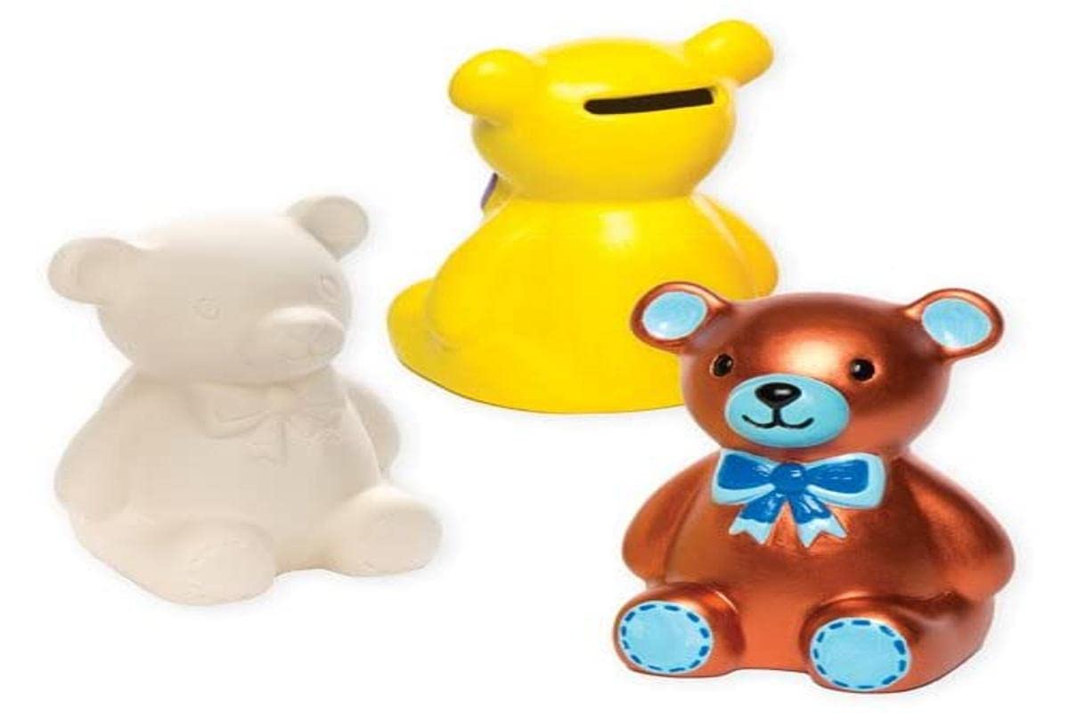 Baker Ross AC800 Teddy Bear Piggy Bank - Pack of 2, Ceramic Coin Tin for Kids to Paint, Decorate and Display, Great for Teachers, Classrooms, or Children's Clubs