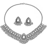Retro Indian Traditional Jewellery Set For Women Bridal Wedding Party Antique Silver Oxidized Ethnic Prom Wear Statement Necklace Earring Tassel Bollywood Choker Punk Crystal Fashion Gift