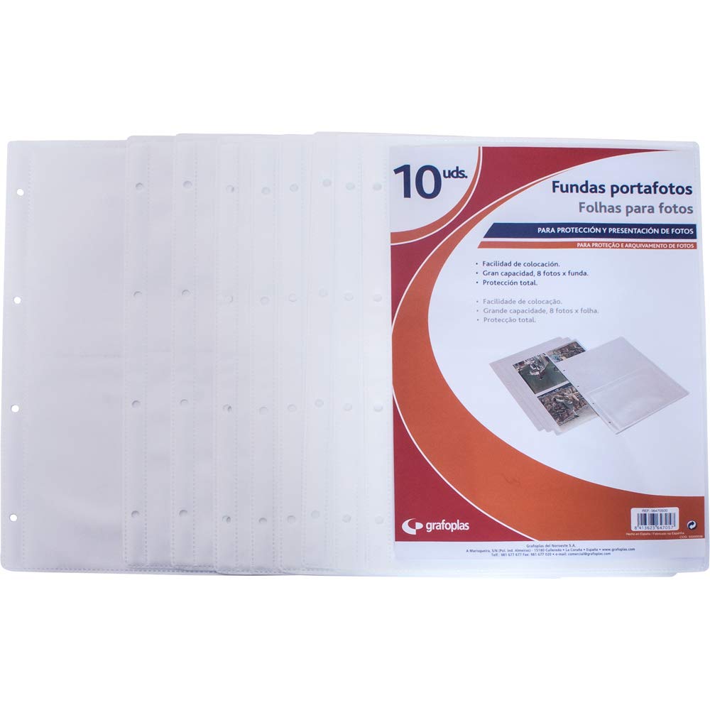 Grafoplás 6470500. Bag of 10 Photo Album Sleeves, 320 x 230 mm, Transparent, 4 + 4 Photos of 10 x 15 cm