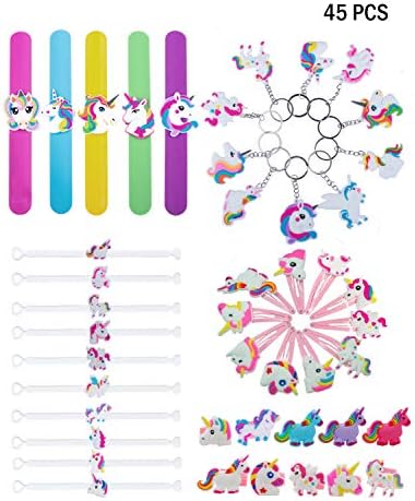 Niceclub Unicorn Party Supplies, Bracelets, Rings, Keychains, Wristbands, Hairpin Toys Prizes Gifts for Kids, Decoration Novelty Gift for All Ages(45 pack + 1 pack drawstring bag)