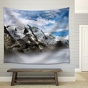 Majestic Mountain Range in The European Alps on a Beautiful Day, with Fog in The Valley - Fabric Wall Tapestry Home Decor - 51x60 inches