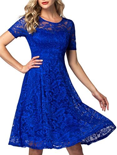 AONOUR Women's Vintage Floral Lace Elegant Cocktail Formal Swing Dress with Short Sleeve