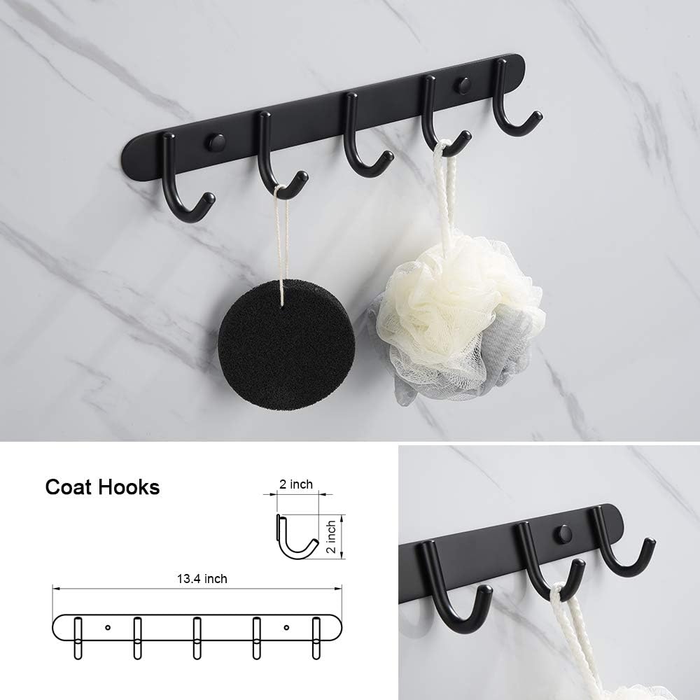 Iriber Bathroom Hardware Round Matte Black Double Bath Towel Bar Rack Shelf Caddy Accessory Set,Stainless Steel Coat Rack with 5 Scroll Hooks,Toilet Paper Holder,Robe Hook Wall Mounted,4-Piece: Home & Kitchen