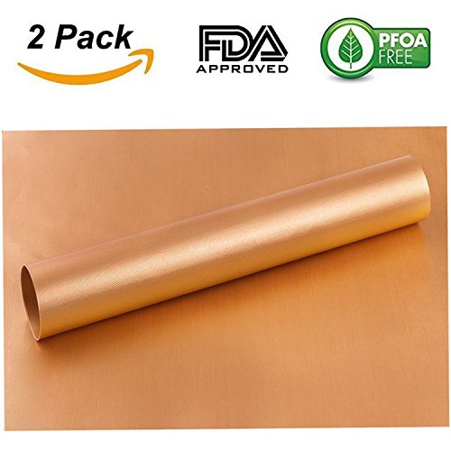 Amhii Copper BBQ Grill And Bake Mat Set Of 2-100% Non Stick Gold Grill & Baking Mats - Reusable, Easy To Clean - Teflon Fiber Grill Roast Sheets For Gas, Charcoal, Electric Grill - 40 X 33 Cm